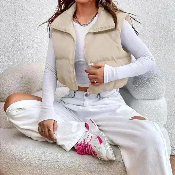 Casual Women's Zipper Front Vest Puffer Khaki Coat - Picture 2 of 4